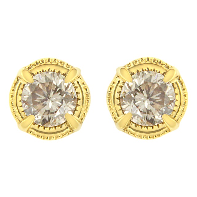 14K Yellow Gold Plated .925 Sterling Silver 1/4 Cttw Round Brilliant Cut Diamond Solitaire Milgrain Stud Earrings (K-L Color, I2-I3 Clarity) For Sale