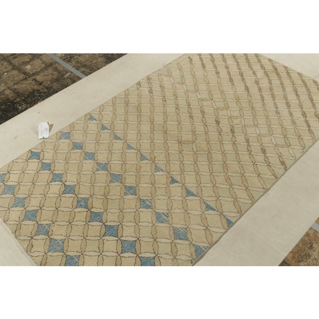 Mid-Century Modern 1960s Vintage Distressed Zeki Muren Rug in Beige-Brown, Blue Trellis Pattern For Sale - Image 3 of 8