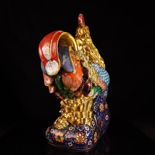 Late 20th Century Gilt Bronze Cloisonné Enamel Rooster Figure With Coin Motif For Sale - Image 4 of 10