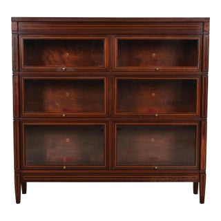 Globe Wernicke Arts & Crafts Inlaid Mahogany Three-Stack Double Barrister Bookcase, Circa 1900 For Sale