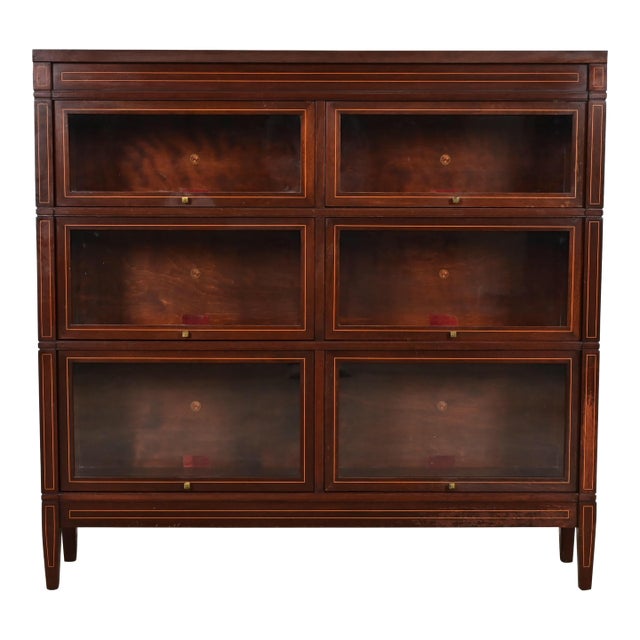 Globe Wernicke Arts & Crafts Inlaid Mahogany Three-Stack Double Barrister Bookcase, Circa 1900 For Sale