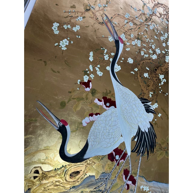 Japanese Japanese Garden Hand Painted Wallpaper on Gold Panel - 4 Panels For Sale - Image 3 of 4