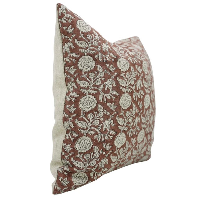 Floral Block Print Cushion Cover for Home Decor Thick Linen 22x22 Inch- Shillong For Sale - Image 4 of 4