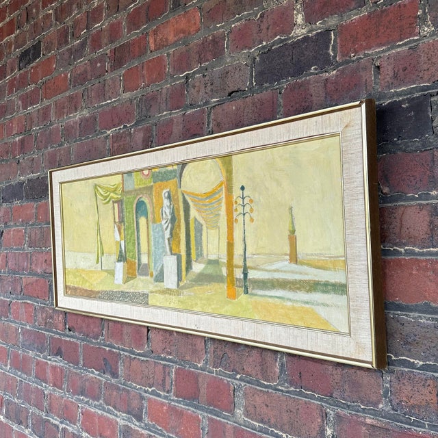Mid-century modern cityscape by Robert C. Brisley. The painting depicts a building with a sculpture, light fixture, and...