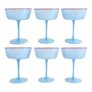 Baby Blue Ripple Optic Swirl Coupe Champagne Coctail Glasses (Set of 6) For Sale