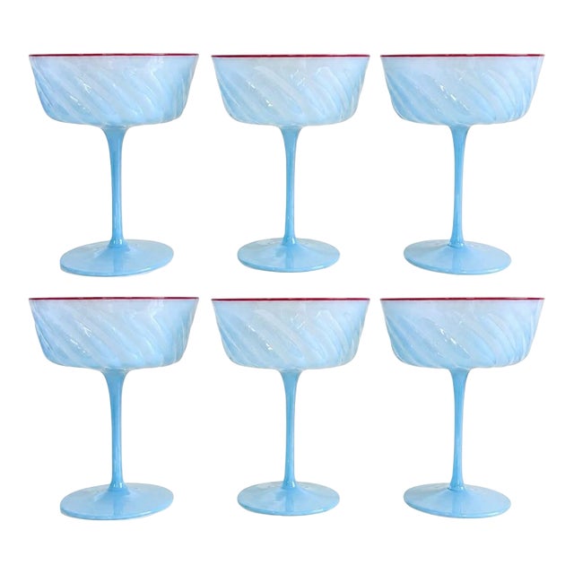 Baby Blue Ripple Optic Swirl Coupe Champagne Coctail Glasses (Set of 6) For Sale