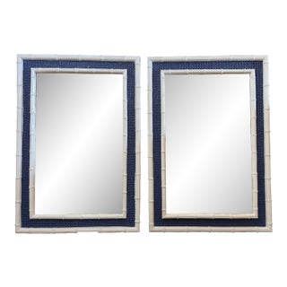Stunning Vintage Chinoiserie Blue and White Faux Bamboo Wall Mirrors - Newly Painted - A Pair For Sale