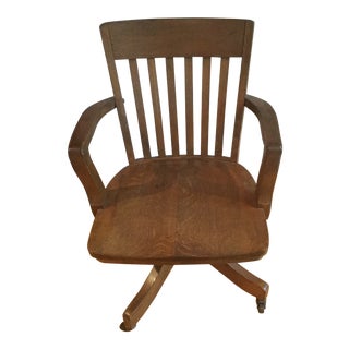 1900s Vintage Solid Oak Slat Back Swivel Desk Chair For Sale
