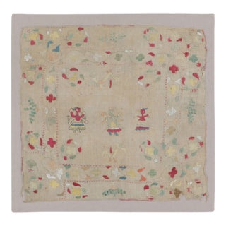 Antique Greek Embroidery Pictorial Square Rug in Soft Pastel Tones - Rug & Kilim For Sale