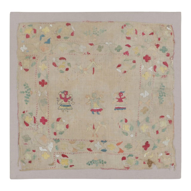 Antique Greek Embroidery Pictorial Square Rug in Soft Pastel Tones - Rug & Kilim For Sale