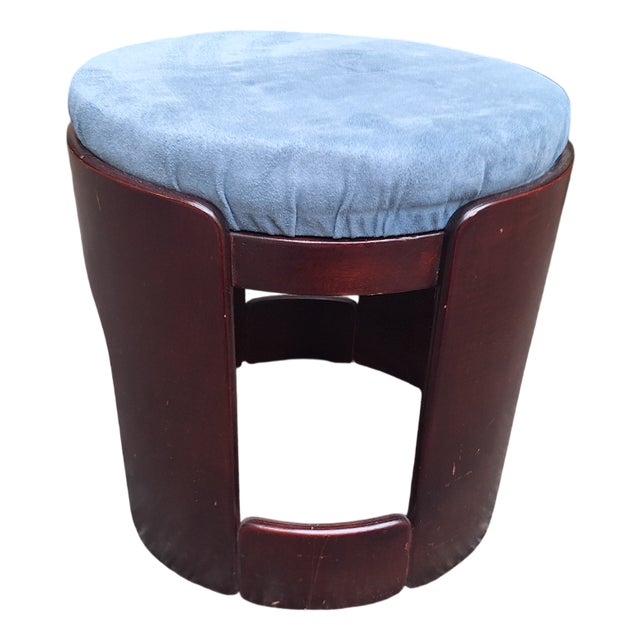 Dark Wood Ottoman with Blue Seat, 1960s For Sale