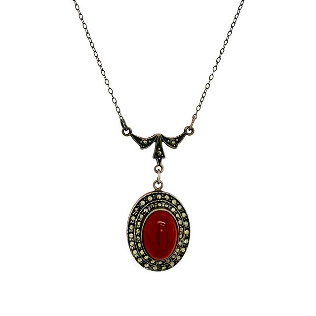 1940s Art Deco Sterling Silver Carnelian & Marcasite Necklace For Sale - Image 4 of 5
