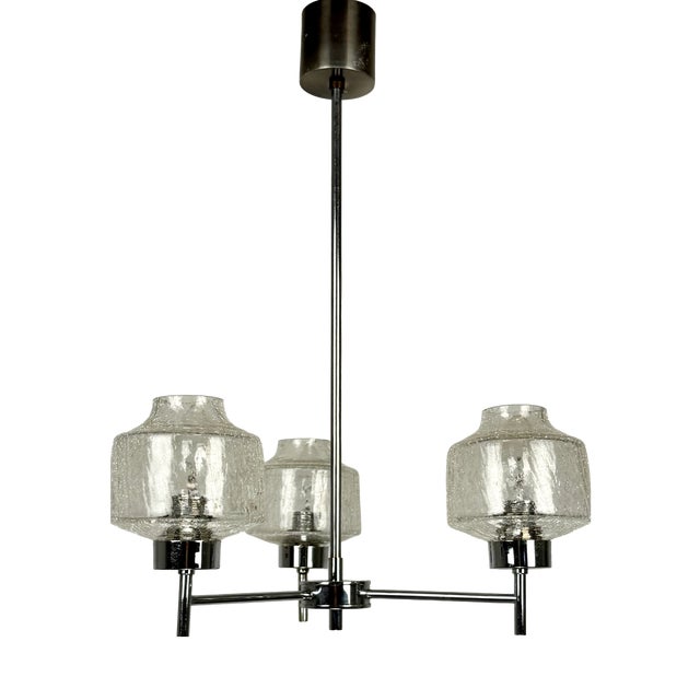 Mid-Century Modern Three-Arm Pendant Light in Crackled Glass and Chrome, 1960s For Sale