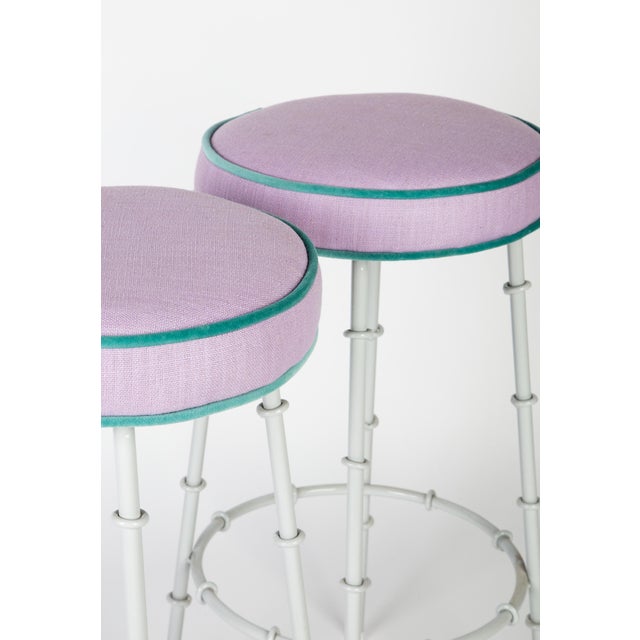 Hollywood Regency Lilac Faux Bamboo Bar Stools With Powder Coated Frames For Sale - Image 3 of 6