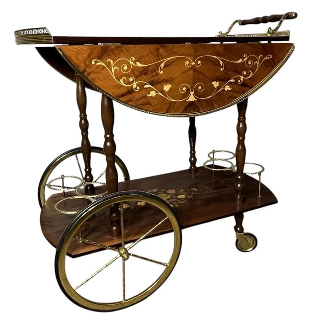 Vintage Italian Marquetry Bar/Tea or Server Cart With Inlaid Wood and Two Drop Leaves, Mid-Century For Sale - Image 17 of 17