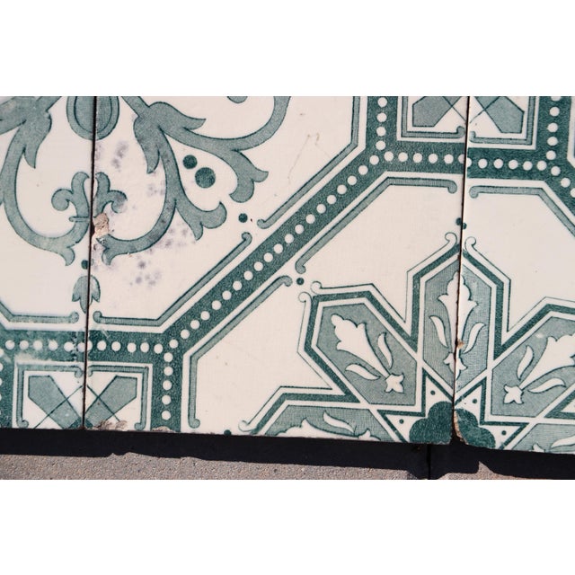 Art Deco Art Deco Tiles Set of 8 Large Portuguese Sage Green & White Floral Geometric Design c.1920s For Sale - Image 3 of 16