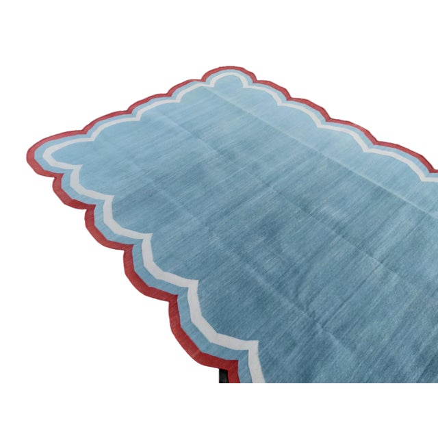 Textile Handmade Cotton Area Rug Natural Vegetable Dyed Flat Weave Sky Blue Scalloped Rug Terracotta Border - 12'x15' For Sale - Image 7 of 11