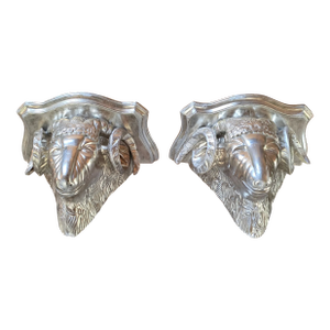 Antique Italian Ram Head Silvered Wall Shelves- a Pair