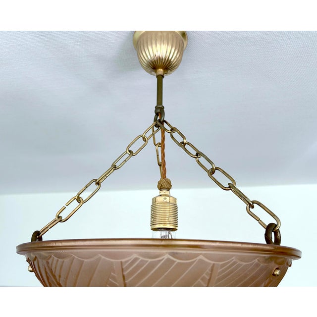 Metal Art Deco French Pink Glass Pendant Light, 1930s For Sale - Image 7 of 18