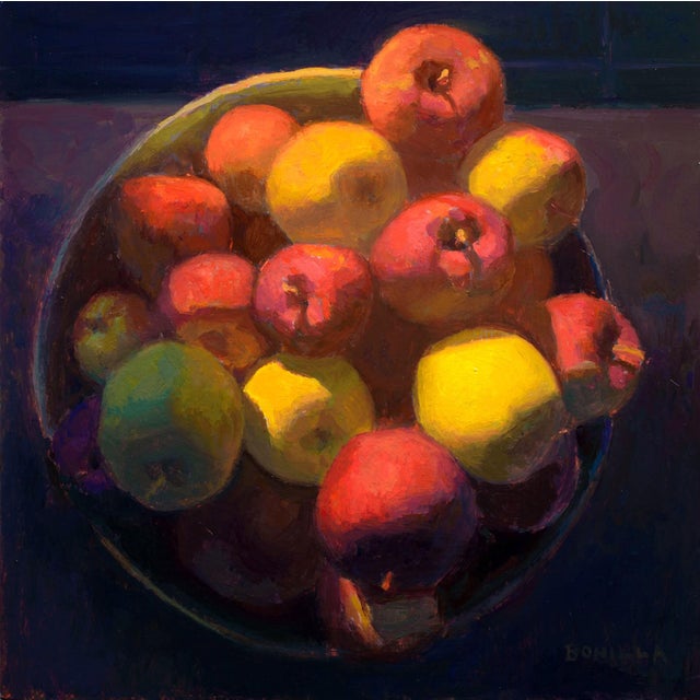 Study for "Before The Trip" by Raymond Bonilla | Oil on panel Still life of colorful apples and lemons. For Sale