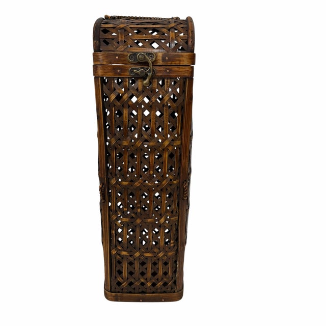 Vintage Bamboo and Woven Rattan Basket Wine Caddy For Sale - Image 4 of 8