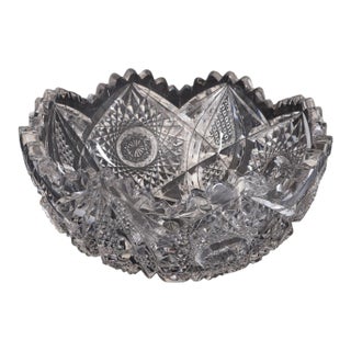 American Brilliant Period Cut Crystal Bowl – 7" – Deep Hobstars & Sawtooth Rim For Sale