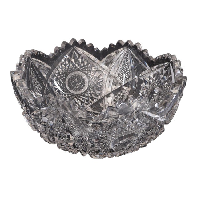 American Brilliant Period Cut Crystal Bowl – 7" – Deep Hobstars & Sawtooth Rim For Sale