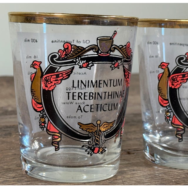 Mid-Century Modern Vintage Apothecary Style Gilt Rim Glass Tumblers Liniment Terebinthinae - Set of 4 For Sale - Image 3 of 7