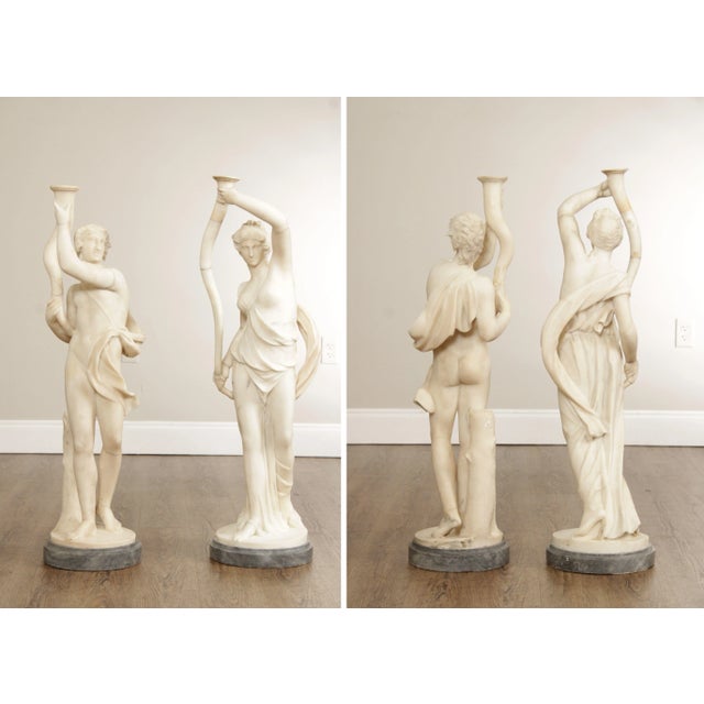 Neoclassical Antique Neoclassical Style Large Carved Marble Figural Statues - A Pair For Sale - Image 3 of 12
