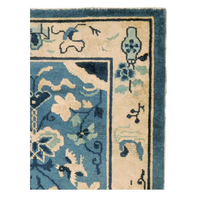 Art Deco Galerie Shabab Collection Mid-20th Century Handmade Chinese Peking Throw Rug in Cream and Light Blue For Sale - Image 3 of 8