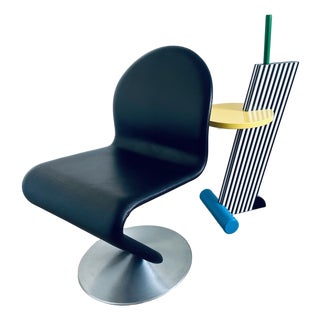 Verner Panton System 1-2-3 Swivel Chair Pair Black Leather Space Age Danish Mid Century Modern For Sale