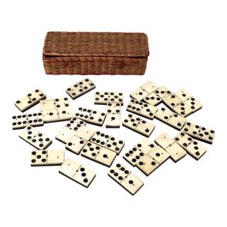 Antique American Hand Made Complete 28 Piece Dominos Game Set & Basket Box For Sale