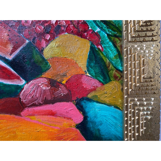 Orange Vintage Colorful Oil on Board Painting of Nude Woman and Fruit in Handmade Geometric Wood Frame, Signed Alfonso Caliendo Circa 1990 For Sale - Image 8 of 12