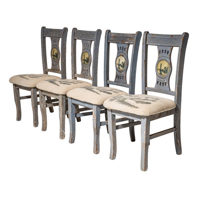 Vintage Gray Side Chairs with City Views, 1890s, Set of 4 For Sale