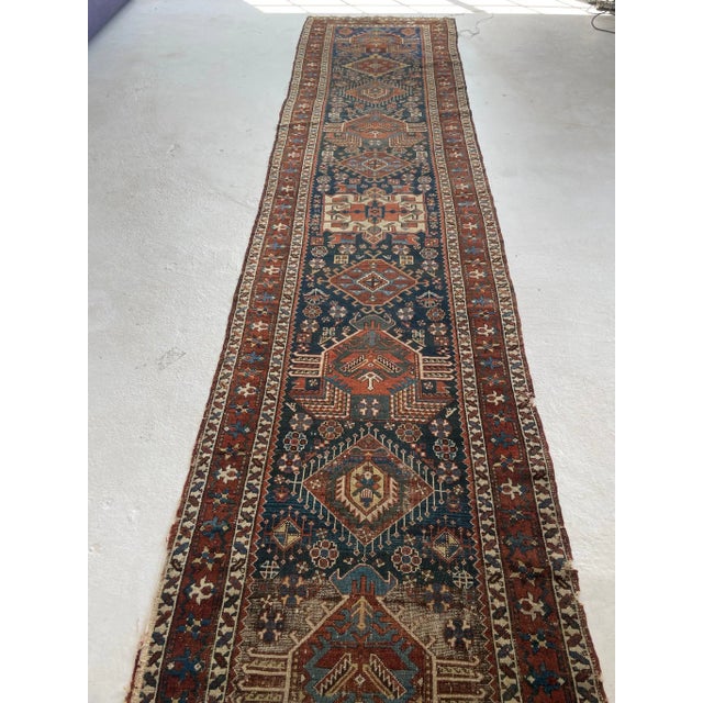 1920's Ancient Nomadic Northwest Persian Karaja Indigo, Clay & Forest Green Runner Rug 3.2 X 13.5 For Sale - Image 12 of 12