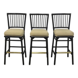 McGuire Black Rattan Cushioned Bar Stools - Set of 3 For Sale