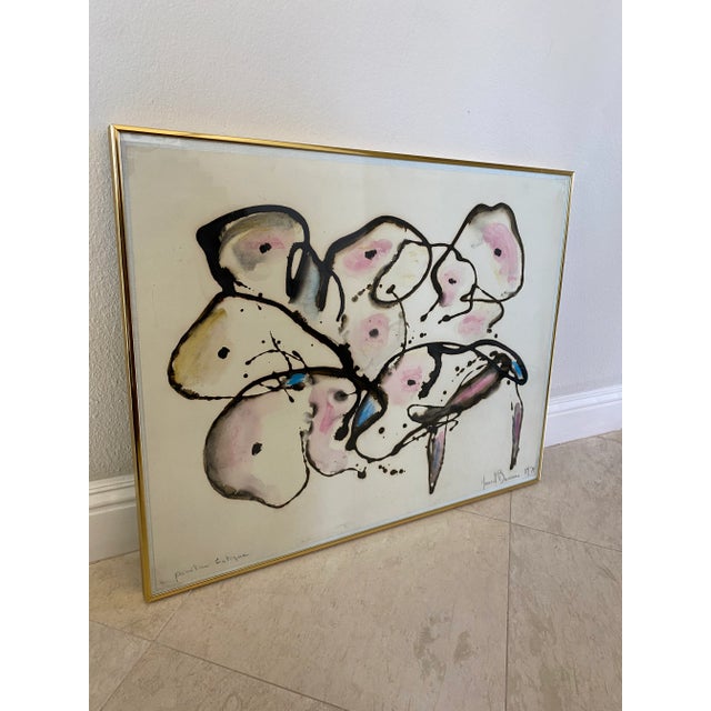 Fabulous 1971 abstract ink and pastel painting by noted French artist Gerard Bouvier. Signed and dated. Under glass....
