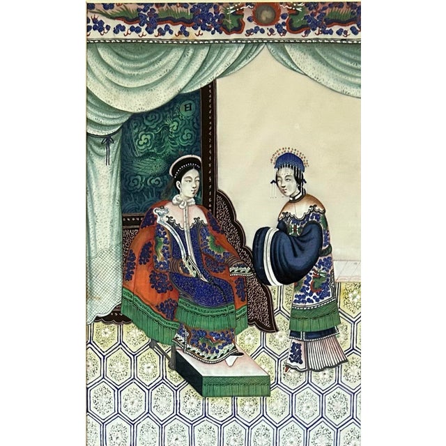 Antique 19th Century Qing Dynasty Chinese Export Painting on Rice Paper of Court Scene For Sale - Image 4 of 6