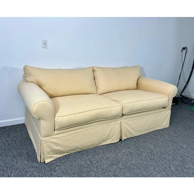 Transitional Custom Bespoke Down-Filled Two Seater Linen Sofa For Sale - Image 3 of 10