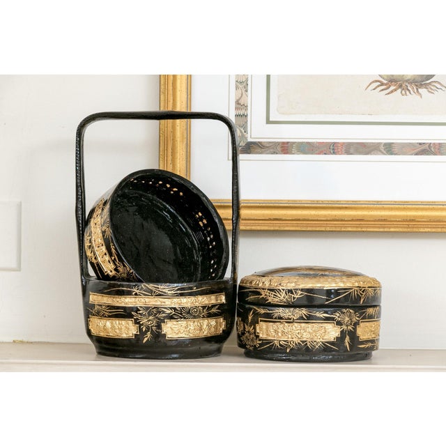 Black Antique Chinese Black Lacquered Three-Tiered Wedding Basket For Sale - Image 8 of 11