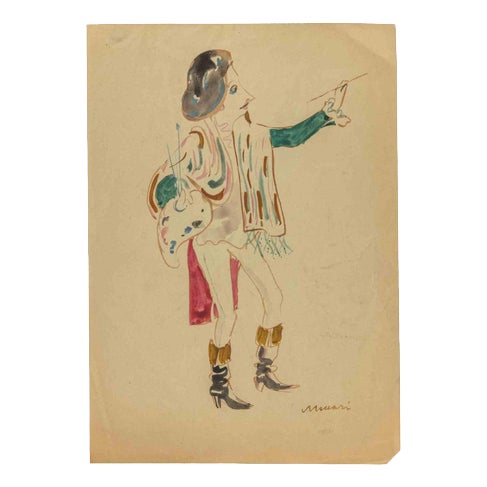 Mino Maccari, Figure, Ink and Watercolor Painting, 1945 For Sale