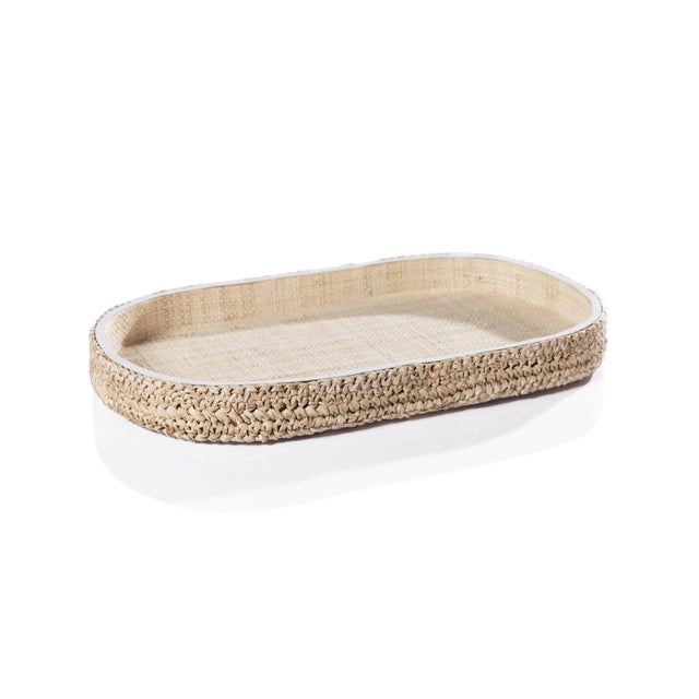 Reggio Loom Oval Raffia Tray with Leather Trim, Large For Sale In Los Angeles - Image 6 of 6
