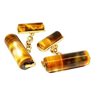 Late 20th Century Pair of 14K Yellow Gold Tiger Eye Designer Cufflinks For Sale