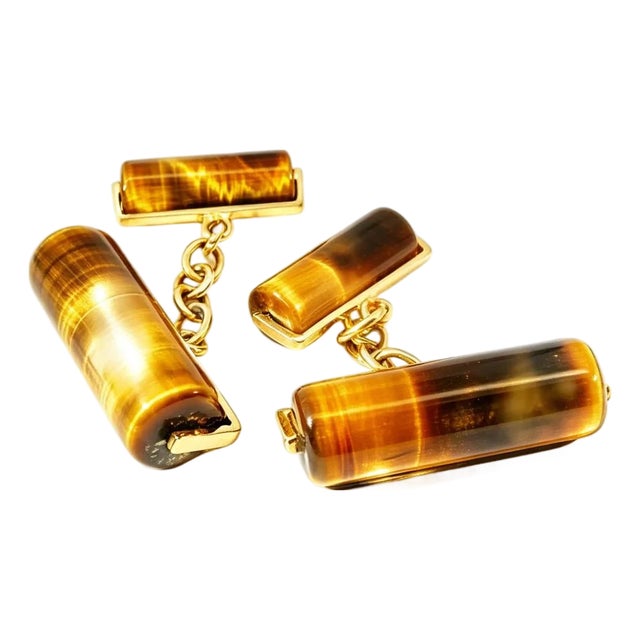 Late 20th Century Pair of 14K Yellow Gold Tiger Eye Designer Cufflinks For Sale