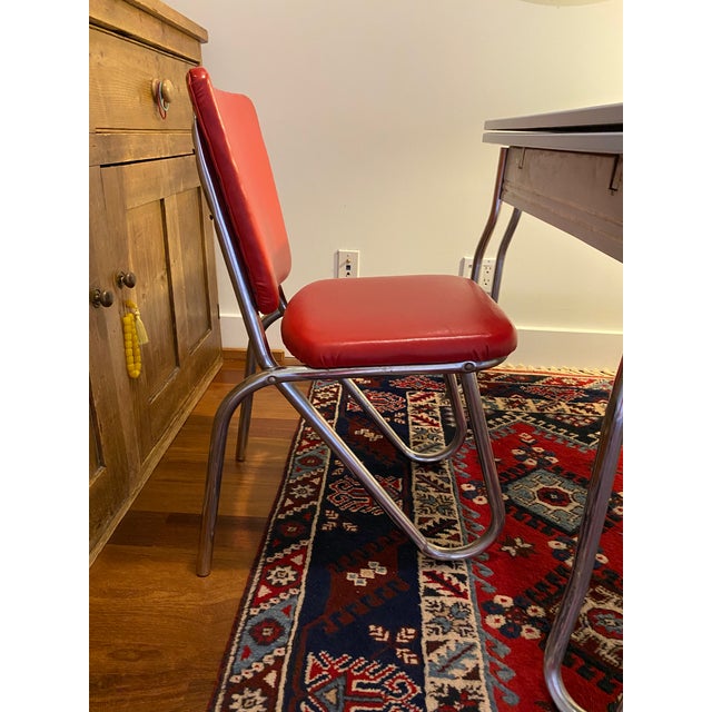 1940s Powder Blue Enamel Dining Table With Hairpin Legs + 2 Red Leather Chairs For Sale In New York - Image 6 of 6