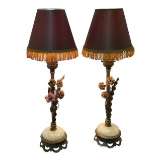 Early 20th Century Italian Metal & Marble Decorative Table Lamps With Metal Flowers - a Pair For Sale