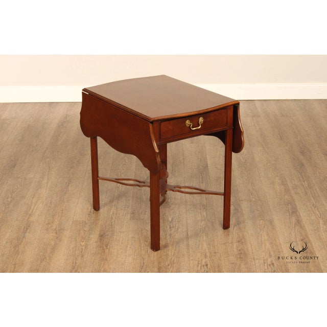 High Quality American Made Mahogany Pembroke Table with Single Dovetailed Drawer and Carved Stretcher