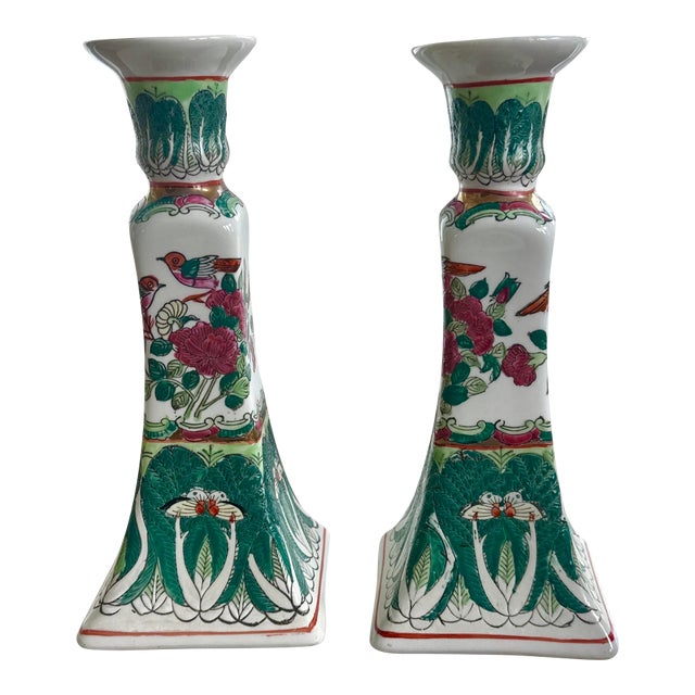 Vintage Chinese Famille Verte Bok Choy Porcelain Candlestick Holders - A Pair For Sale