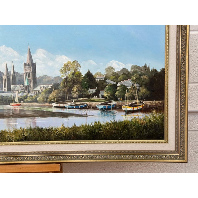 Painting of Figures & Boats on Truro Harbour with Cathedral by British Artist 1985 Circa For Sale - Image 18 of 18