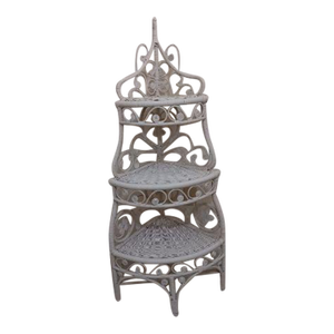 Antique From 1960s White Wicker Rattan Corner Shelf 3 Tier